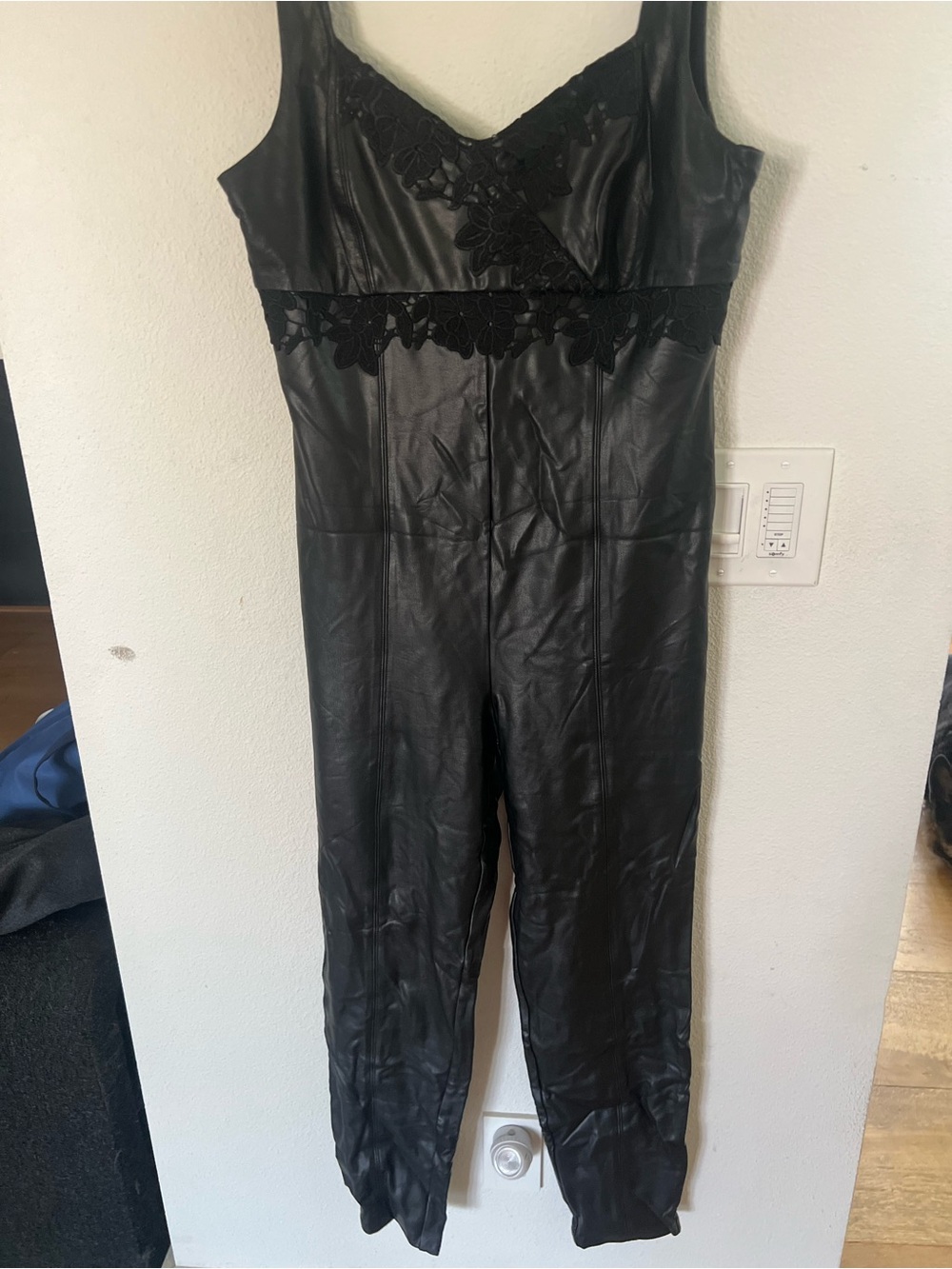 Guess Black Faux Leather Sleeveless Lace-Trim Jumpsuit